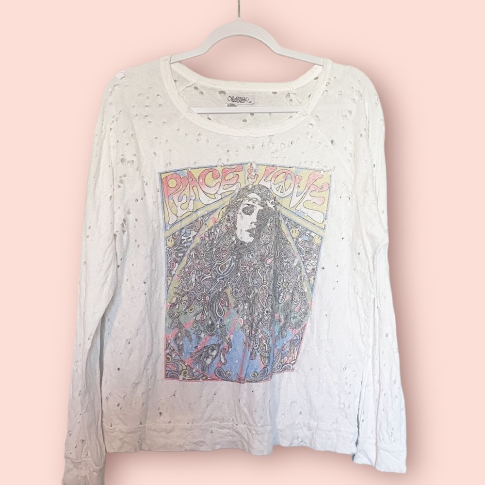 Lauren Moshi White Long Sleeve Tee with Peace & Love Graphic
